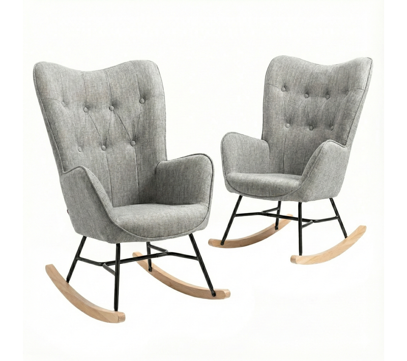 Lot De 2 Fauteuils à Bascule De Jardin Scandinaves - Tissu Gris Et Pieds Bois Métal