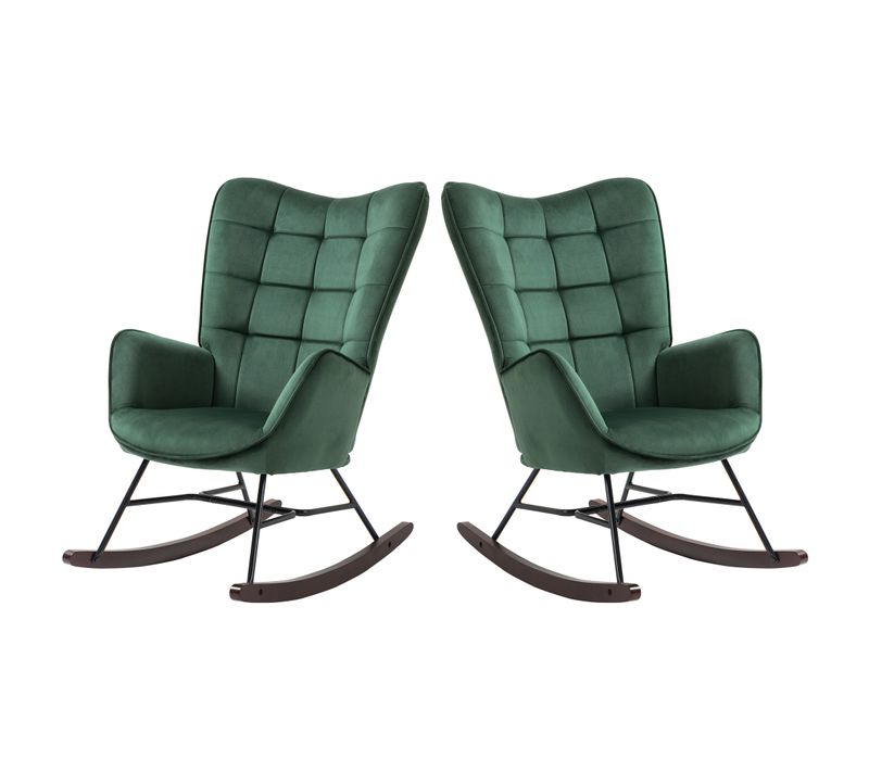 Lot De 2 Fauteuils à Bascule De Jardin - Velours Vert Pour Extérieur Abrité