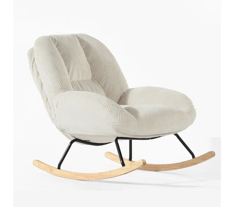 Fauteuil à Bascule Scandinave, Rocking Chair En Velours Côtelé, Pieds En Bois D’hévéa, Beige