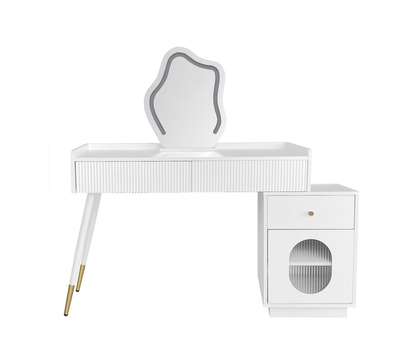 Coiffeuse blanche avec miroir LED, 3 tiroirs spacieux et 1 porte, pour chambre à coucher