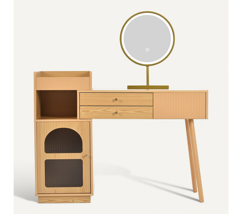 Coiffeuse en bois avec miroir LED 3 couleurs, style studio, 1 porte 2 tiroirs, idéale chambre