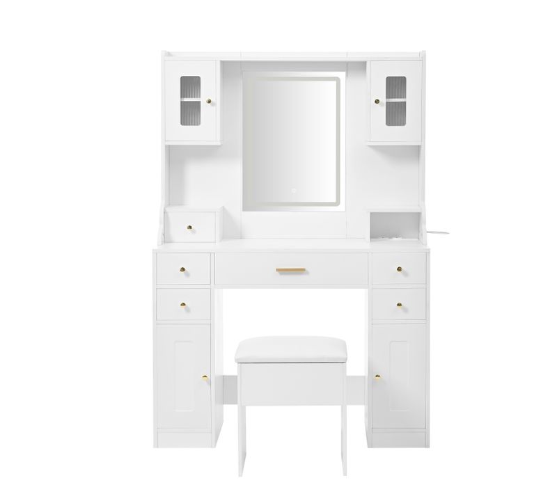 Grande Coiffeuse Blanche Avec Miroir, 6 Tiroirs Et 4 Portes, Avec Prises Et LED