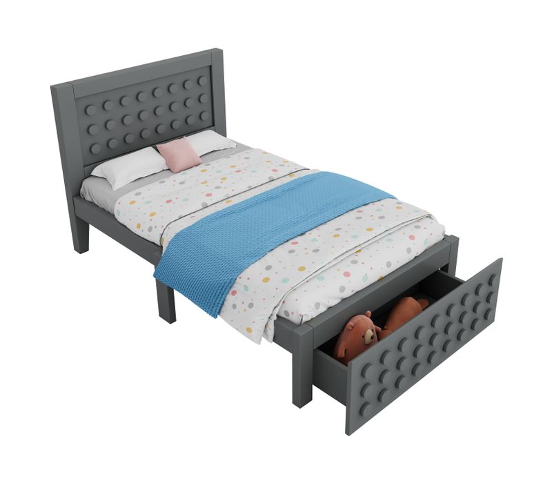 Lit Simple En Bois 90 X 200 Cm Gris, Design Bloc Créatif, Sommier Inclus, Avec Tiroirs