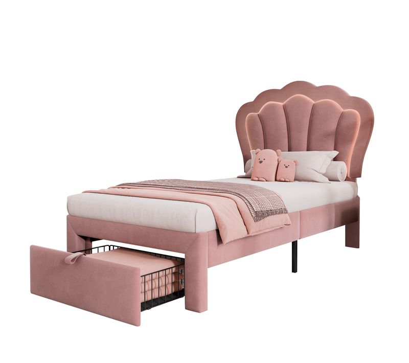 Lit Enfant LED Simple 90 X 200 Cm, Velours Rose, Avec Tiroirs Et LED Contrôlées Par Télécommande