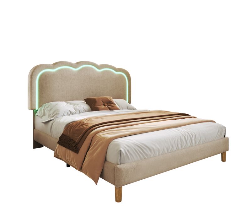 Lit Rembourré LED Double 140 X 200 Cm, Sommier Et Tête De Lit Réglable, Lin Beige