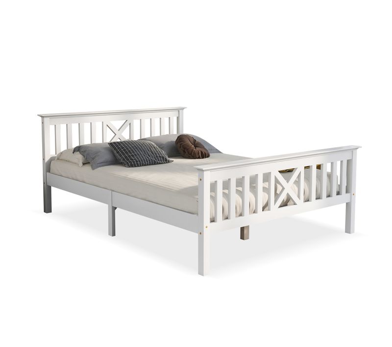 Lit Double En Bois 140 X 200 Cm Avec Tête De Lit Et Sommier, Bois Massif Pour Enfant