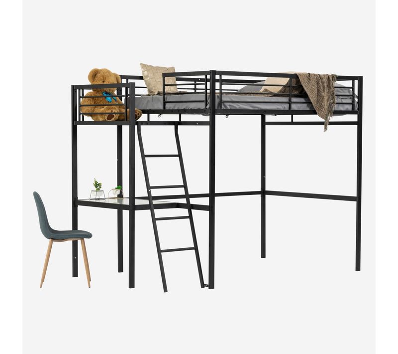 Lit Mezzanine Avec Bureau 140x190cm Pour Enfant, Noir