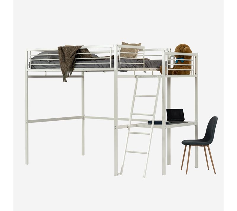 Lit Mezzanine Avec Bureau 140x190cm Pour Enfant, Blanc
