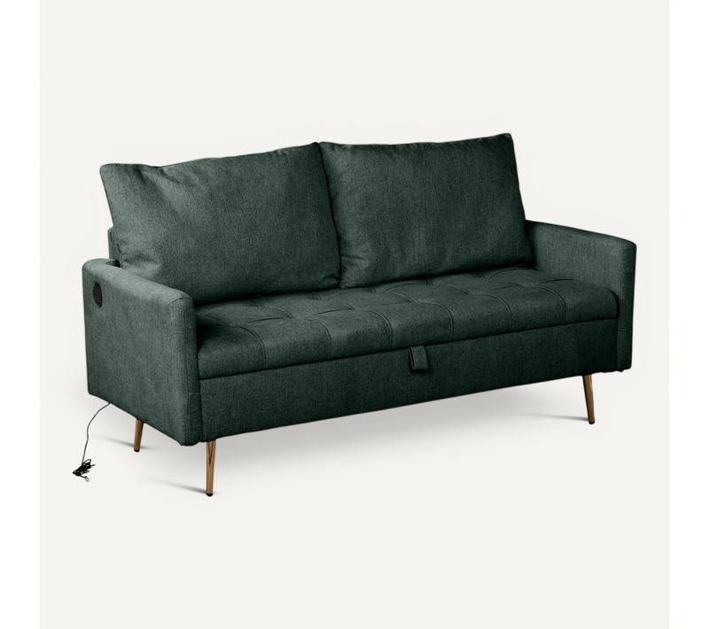 Canapé Droit 2 Places En Velours Avec Ports USB Et Coffre De Rangement, Vert