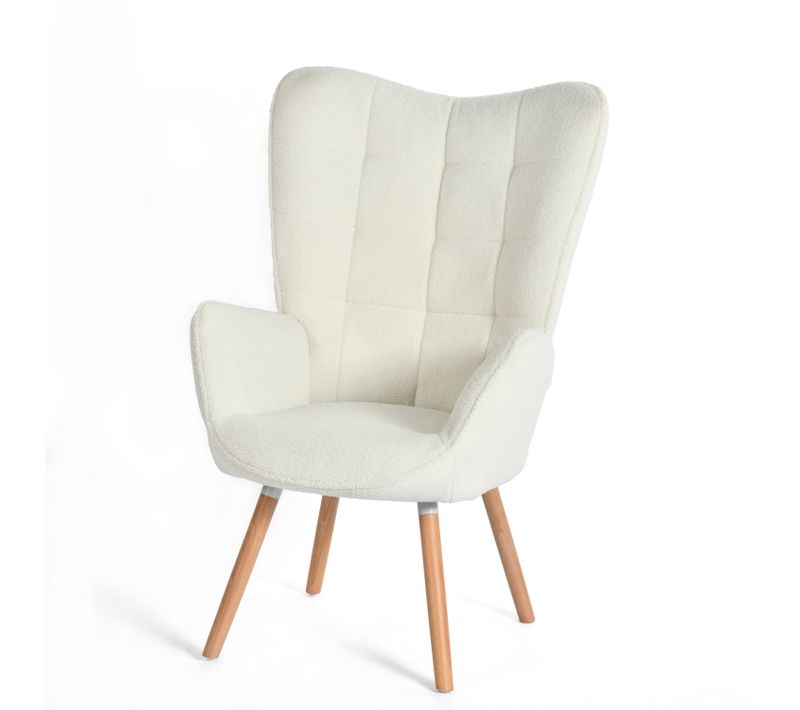 Fauteuil Salon Scandinave Rembourré En Bouclette Douce Avec Pieds Bois, Beige