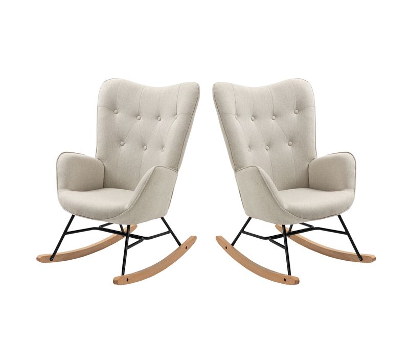 Lot De 2 Fauteuils à Bascule, Rocking Chair En Tissu Avec Pieds Bois Et Métal