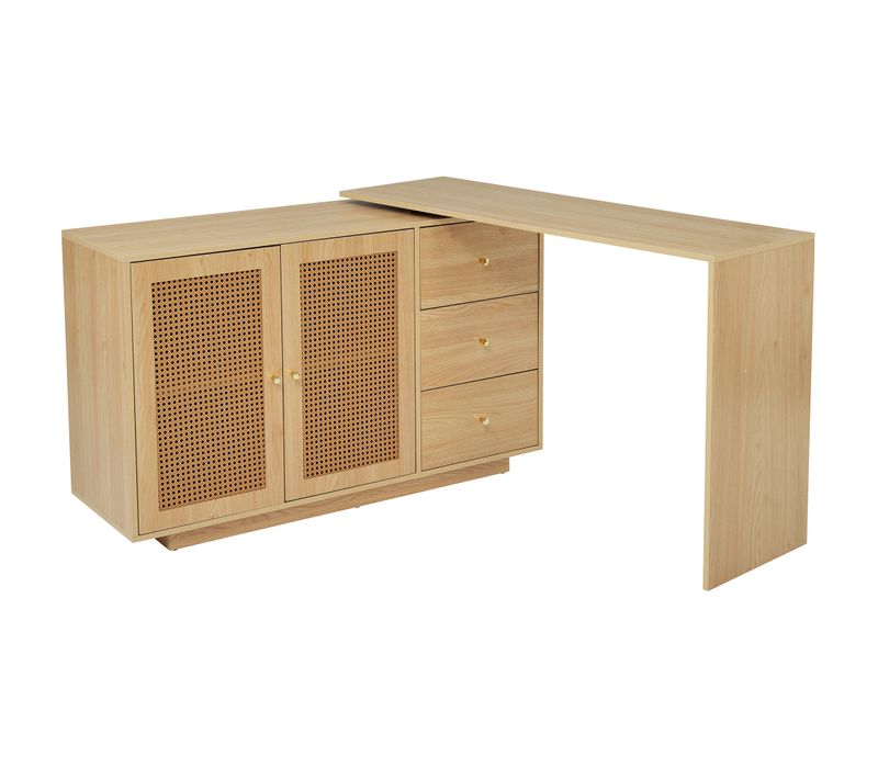 Bureau, Table D'angle En L, Avec Portes En Rotin, 126x40x75cm, Chêne