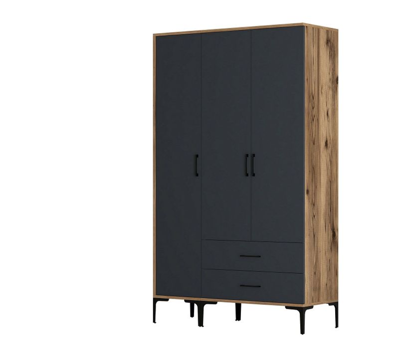 Armoire 3 Portes Et 2 Tiroirs Style Industriel Akoy L120cm Bois Foncé Et Anthracite