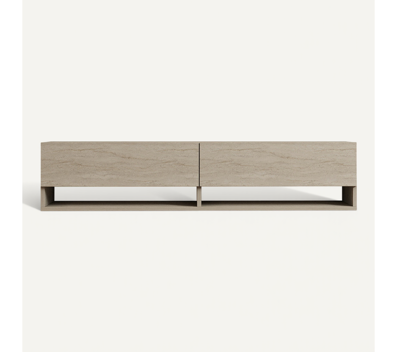 Meuble TV Suspendu 2 Portes Abattantes Décor Travertin L141 Cm