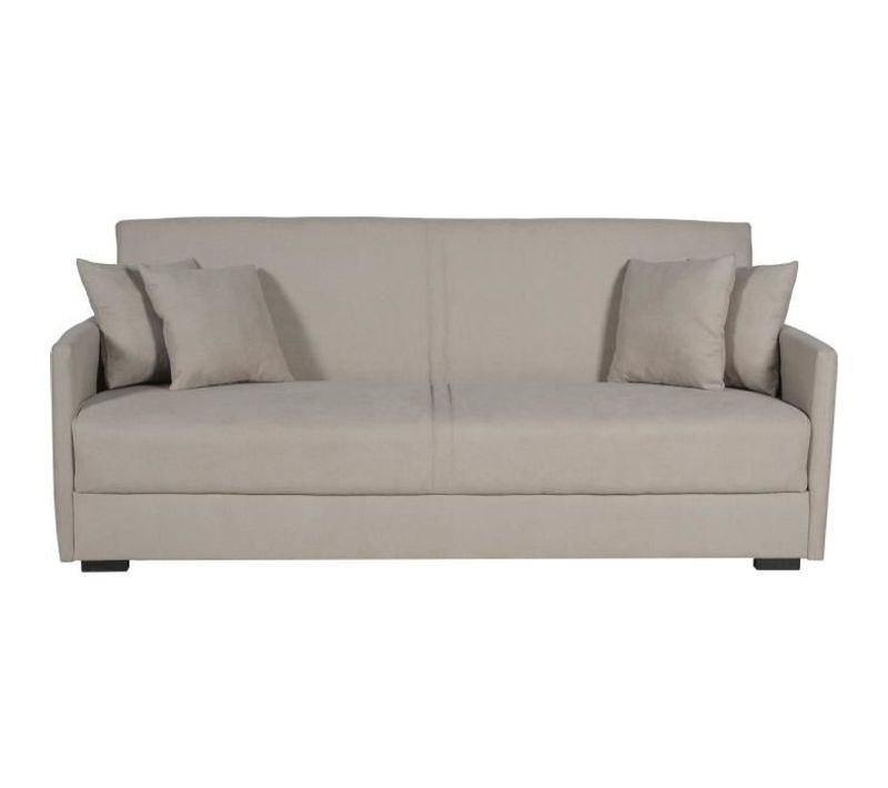 Canapé Convertible 3 Places Bianca - Tissu Beige - 4 Coussins - Coffre De Rangement - 204x92x91 cm