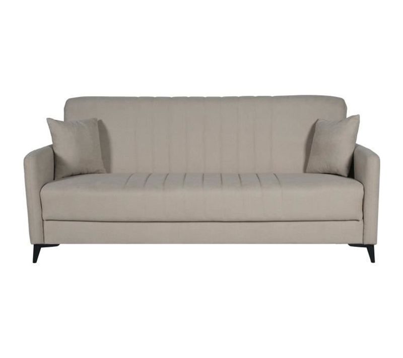 Canapé Convertible - 3 Places - Enzo - Tissu Beige - 2 Coussins - 211 X 92 X 98 Cm