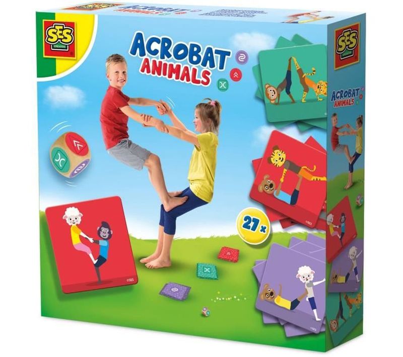 Animaux Acrobates - Jeu D'adresse Extérieur, 27 Cartes Et Dé En Bois