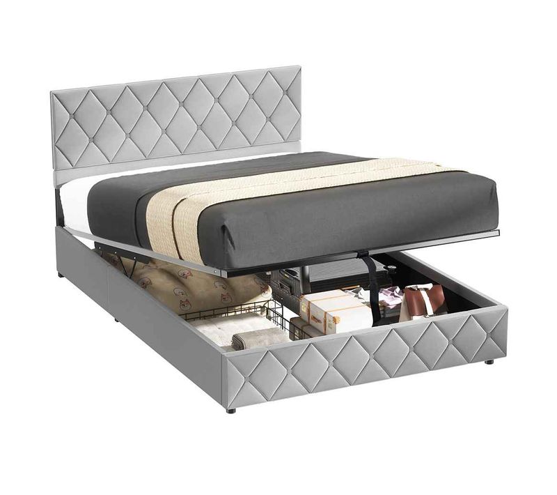 Lit Capitonné Lit Coffre 160x200 Cm Lit Double Avec Sommier à Lattes, Velours, Gris