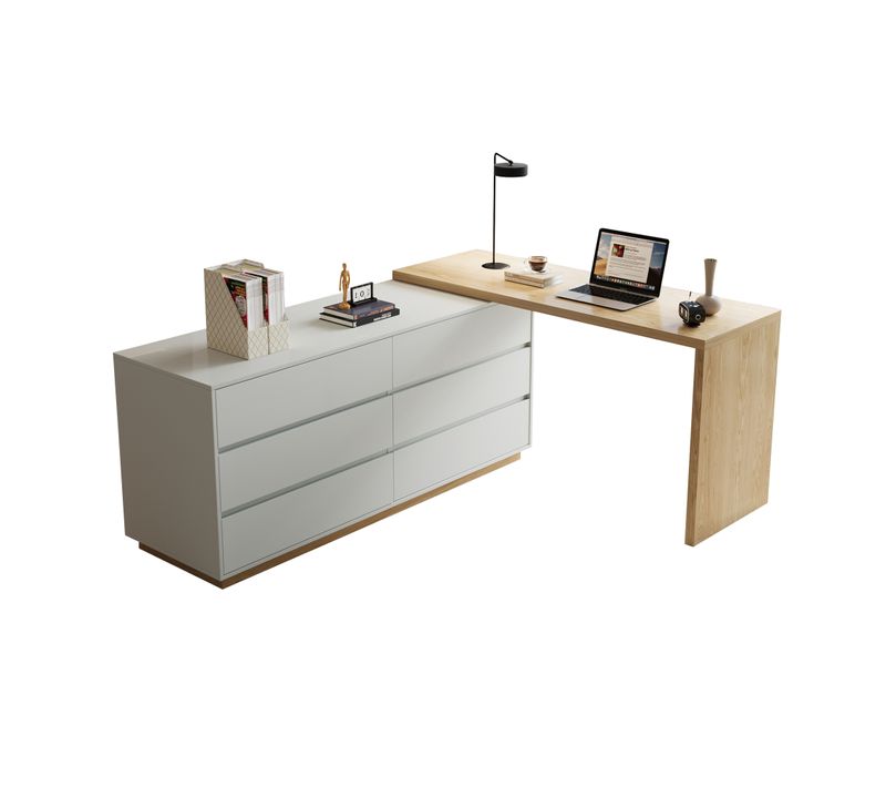 Bureau En L Avec 6 Tiroirs, Table Informatique Réglable En MDF, 140 X 50 X 75 Cm, Beige