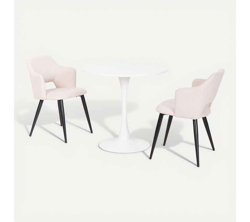 Table ronde blanche MDF avec 2 chaises tissu beige pieds noirs style moderne scandinave