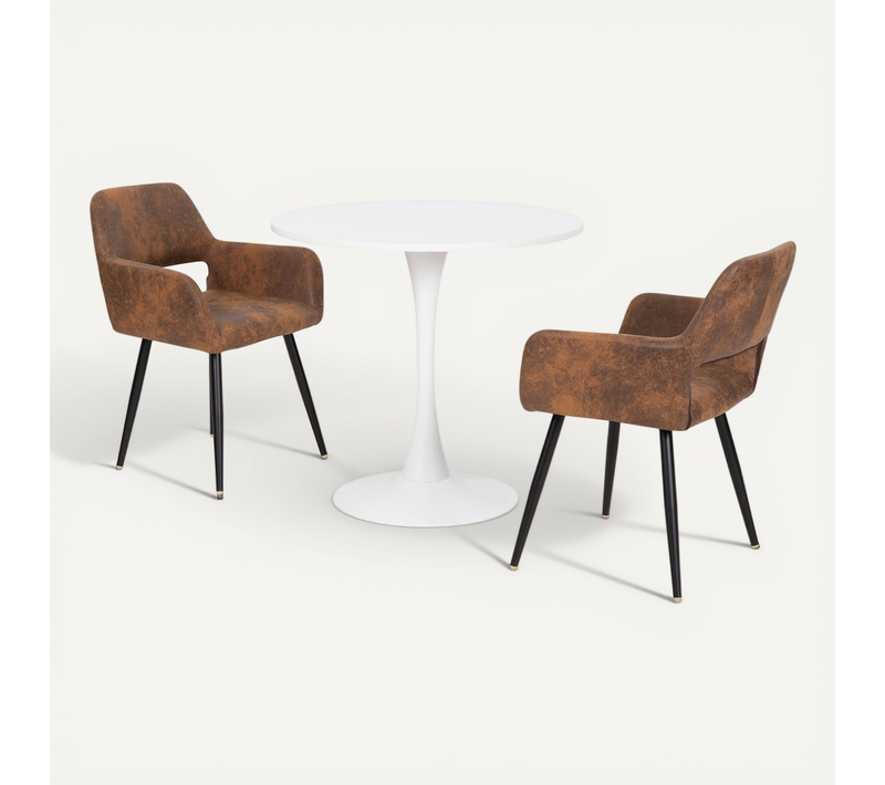 Set Table à Manger Ronde Blanche En Mdf Pied Métal Avec 2 Chaises Marron Style Industriel