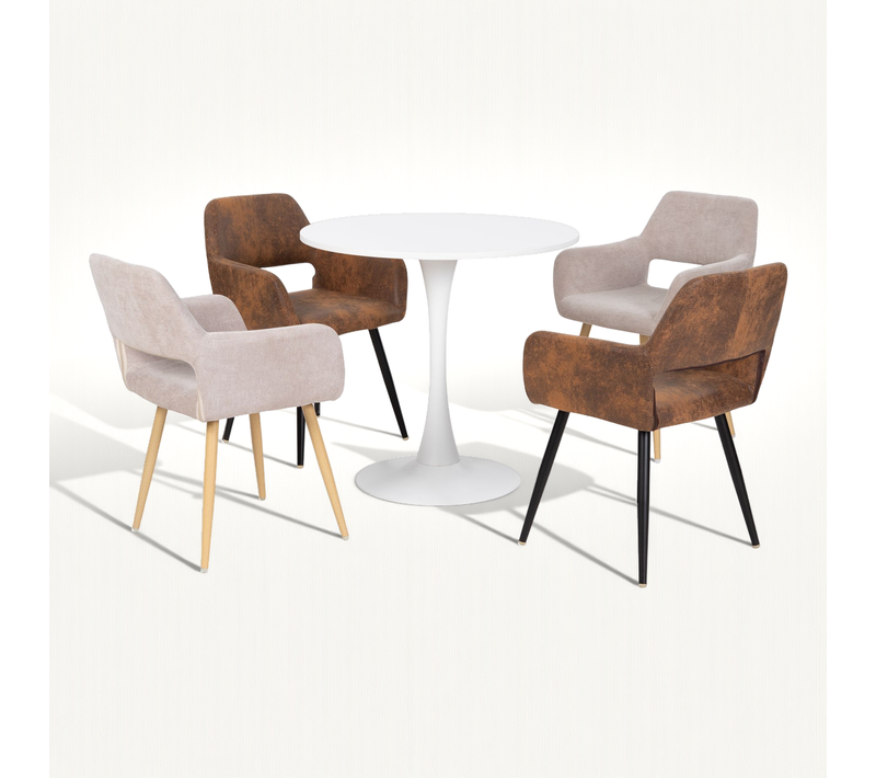 Ensemble Table à Manger Ronde Blanche Mdf Style Scandinave Avec 4 Chaises Tissu Beige Et Marron