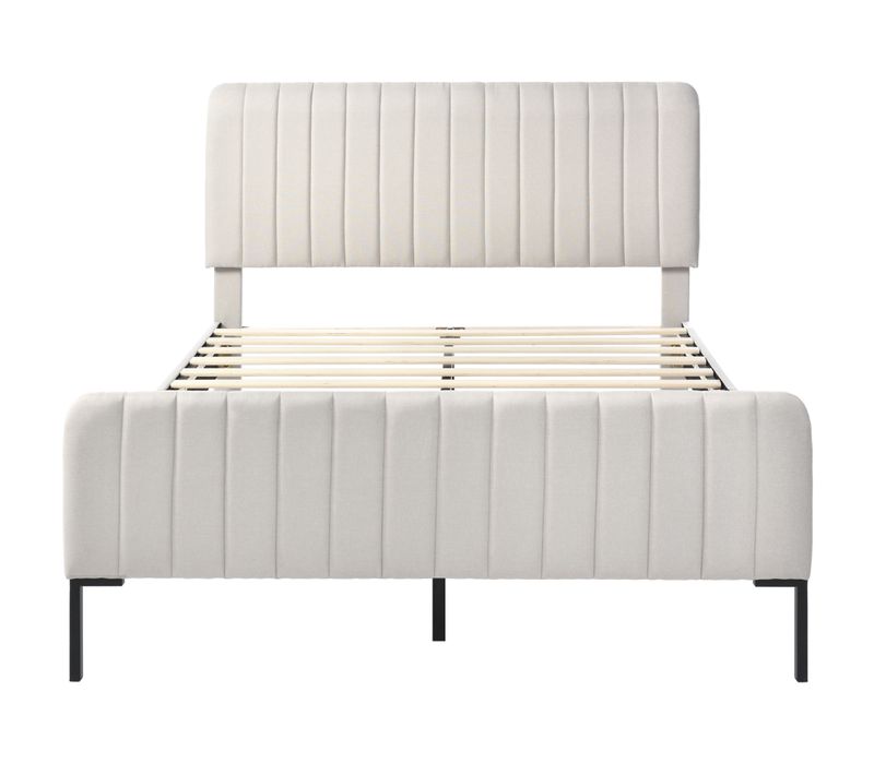 Lit Double Capitonné 180 X 200 Cm, Cadre De Lit, Tête De Lit Réglable, Lin, Gris Et Beige