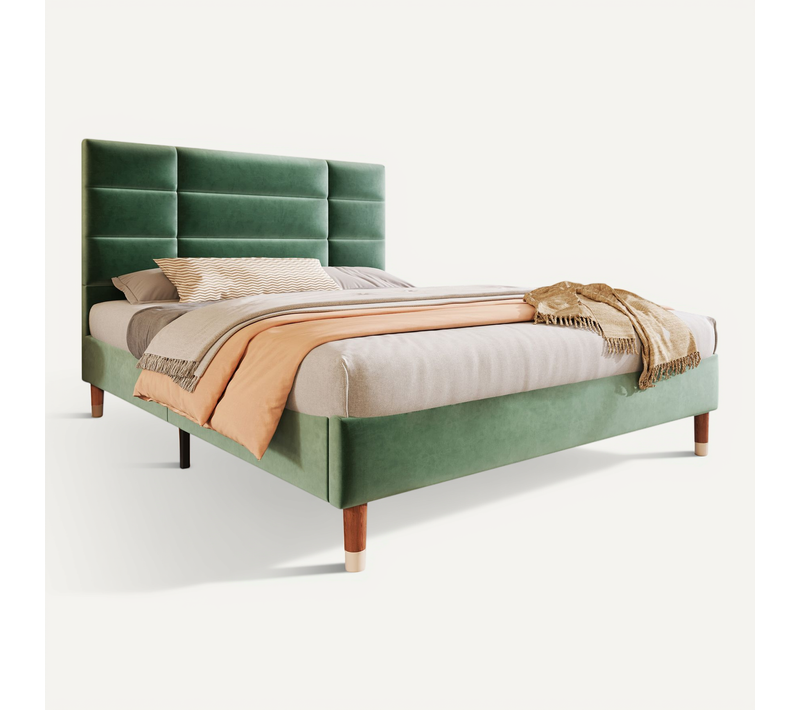 Lit Adulte Lit Capitonné 140 X 200 Cm, Sommier à Lattes Et Tête De Lit, Velours, Vert