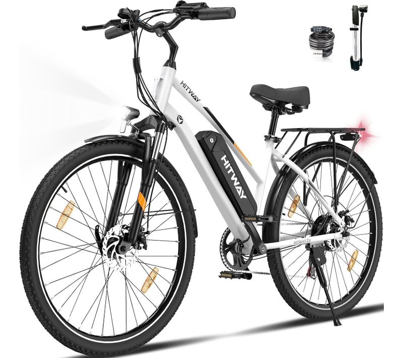 Vélo Électrique Blanc, 28" Vae Ville E-bike, Batterie Amovible 36v 12ah, 7 Vitesses, E-bike Urbain