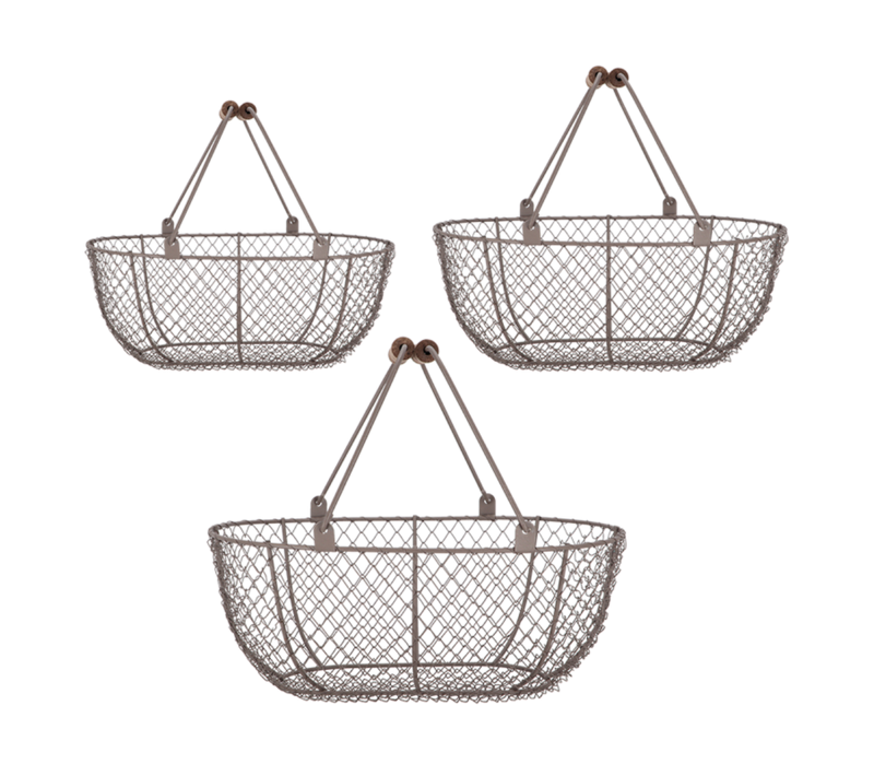 Set De 3 Paniers En Fil De Fer Et Poingées En Bois Vintage - Marron - L 46,8 Cm