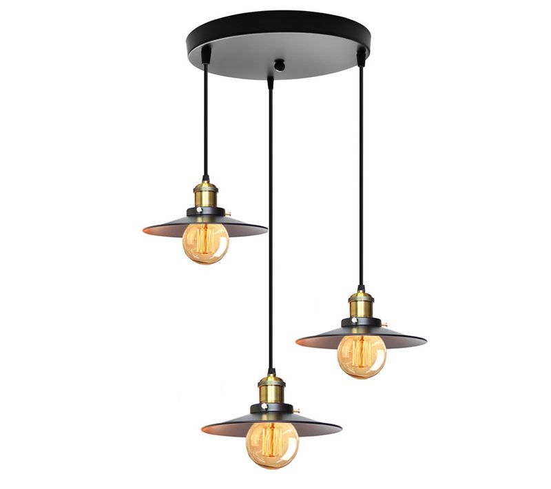 Suspension Vintage 3 Douille E27 Lustre Abat-jour Métal Lampe De Plafond Pour Chambre Salon Noir