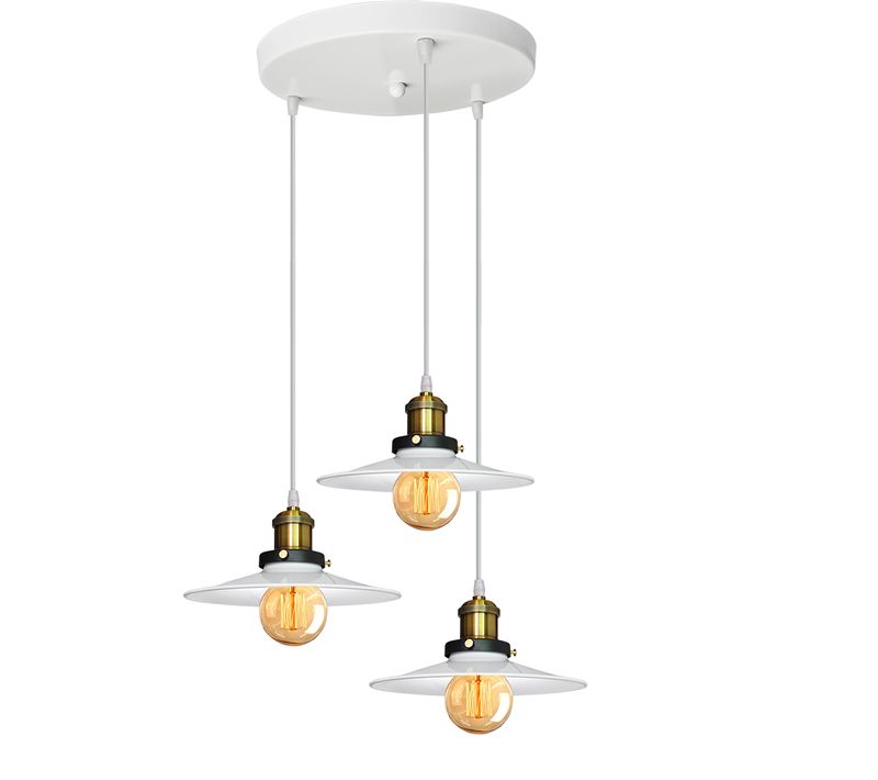 Suspension Vintage 3 Douille E27 Lustre Abat-jour Métal Lampe De Plafond Blanc Pour Chambre Salon