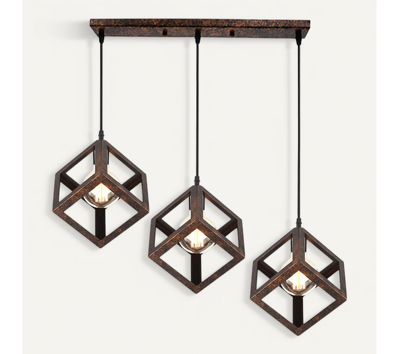 Suspension Moderne Géométrique 3 Lampes E27 Lustre Métal Pour Chambre Salon Cuisine Rouille