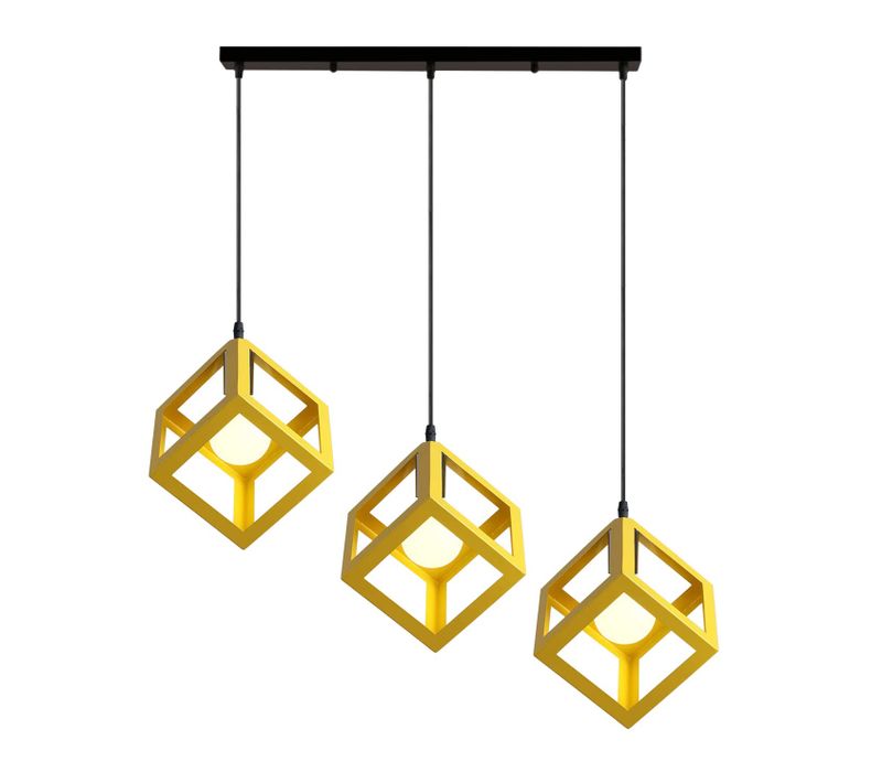 Suspension Moderne Géométrique 3 Lampes E27 Lustre Métal Pour Chambre Salon Cuisine Jaune