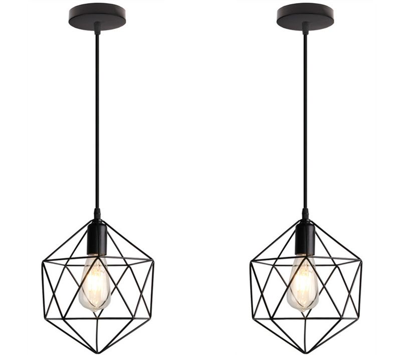 2 Pack Lustre Suspension Industriel Rétro E27 Lampe De Plafond Forme De Diamant Plafonnier Noir