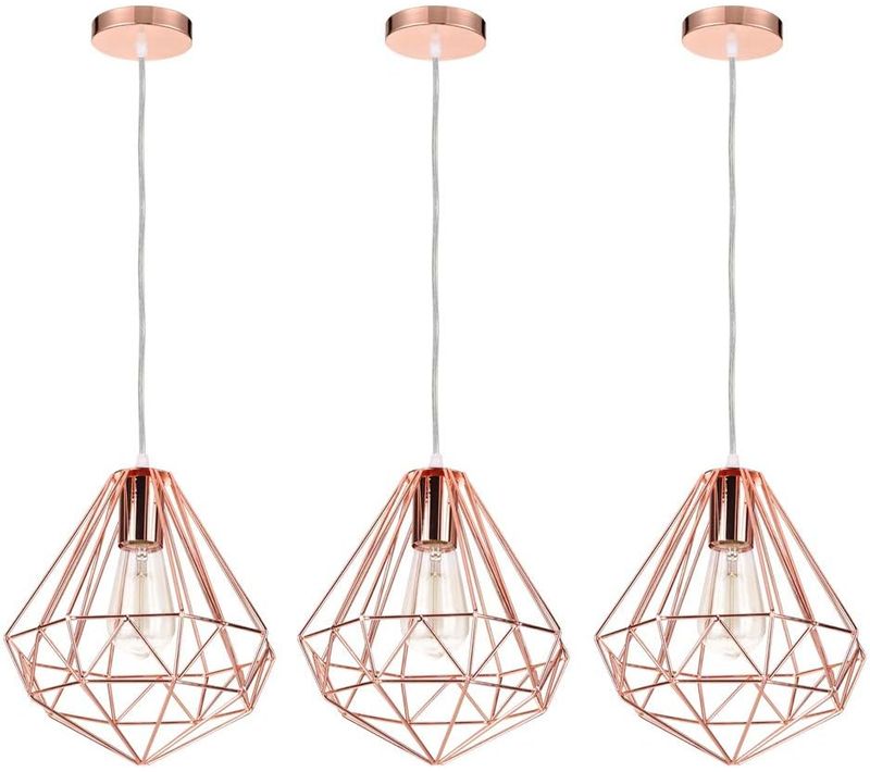 Lot De 3 Suspension Industriel Rétro Lustre En Forme Diamant E27 Pour Chambre Salon Cuisine Rose