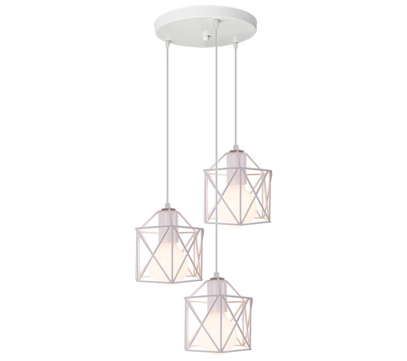Suspension Industriel 3 Lumières E27 Lustre De Plafond Cage Métal Pour Salon Chambre Cuisine Blanc