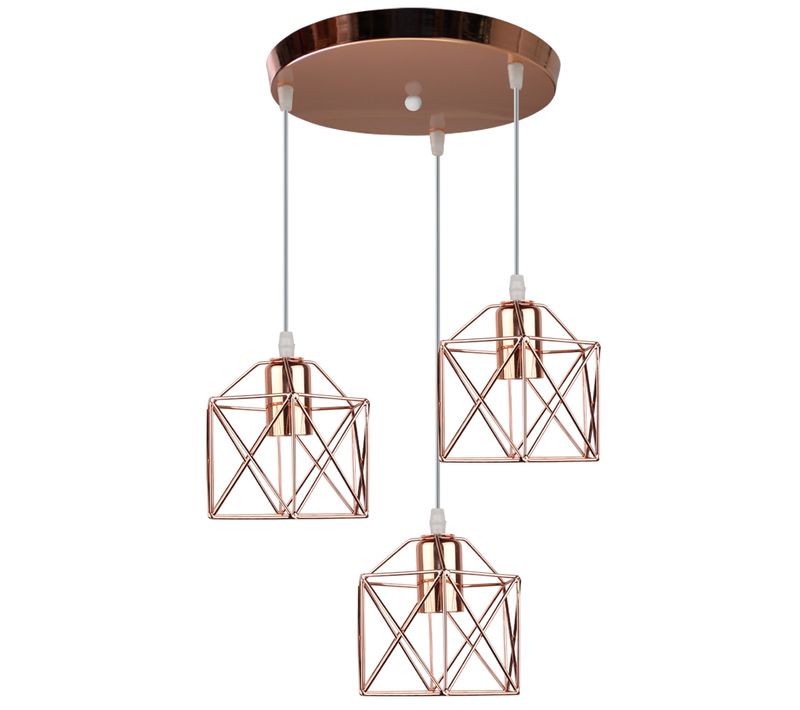 Suspension Industriel 3 Lumières E27 Lustre De Plafond Cage Métal Pour Salon Chambre Cuisine Rose