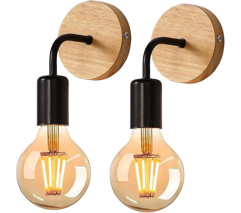 2 Pièces Applique Murale Interieur Industrielle Lampe Murale Vintage Bois Luminaire E27 Noir