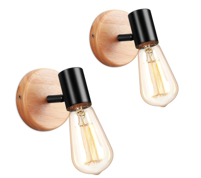 Applique Murale Interieur En Bois Métal Vintage 2pcs E27 Réglable 180°chambre Cuisine Couloir Noir