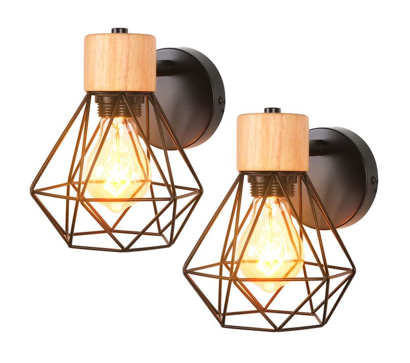 2pcs Appliques Murales Réglable Industriel Cage Métal 16cm E27 Luminaire Chambre Salon Couloir Noir
