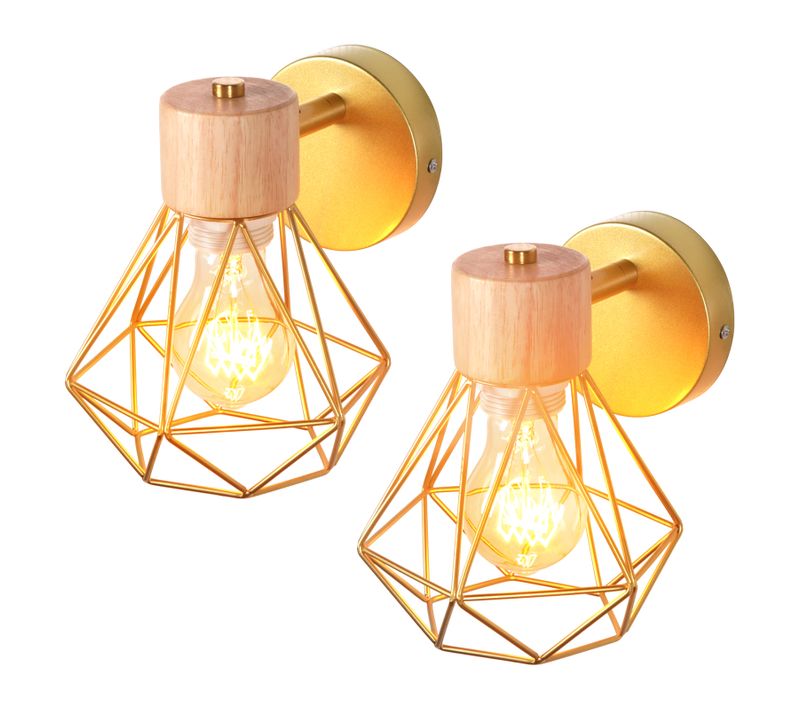 2pcs Appliques Murales Réglable Industriel Cage Métal 16cm E27 Luminaire Chambre Salon Couloir Doré