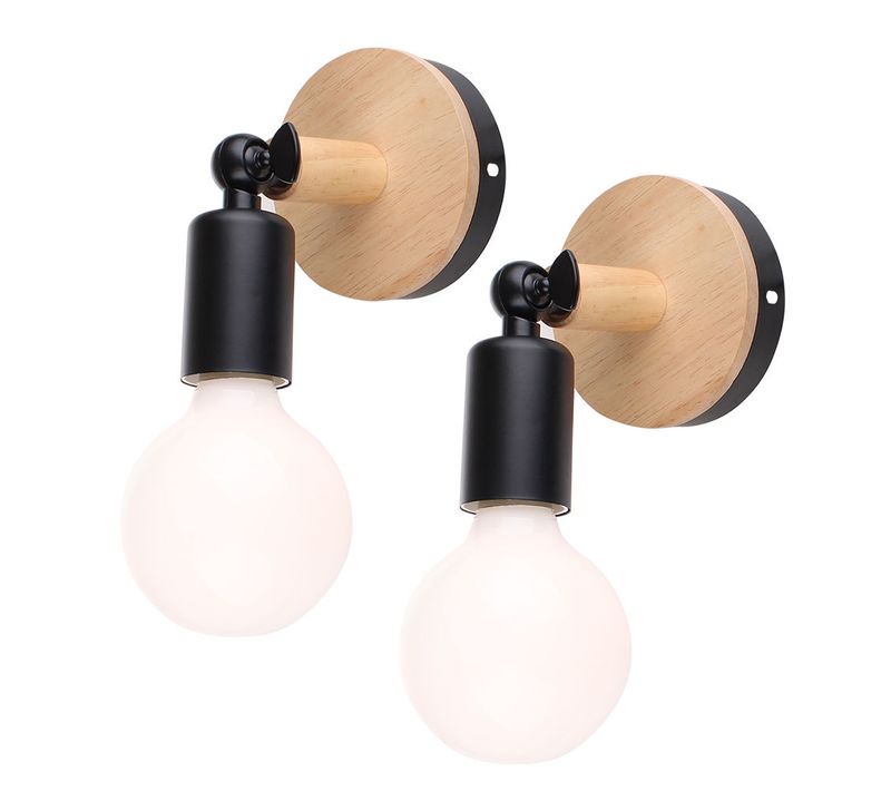2x Applique Murale En Bois Métal Lampe De Mur E27 Luminaire Retro Pour Maison Cuisine Salon Noir