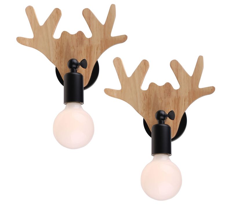 2x Applique Murale En Bois E27 Lampe Mur De Cerf Luminaire Retro Pour Cuisine Salon Noir