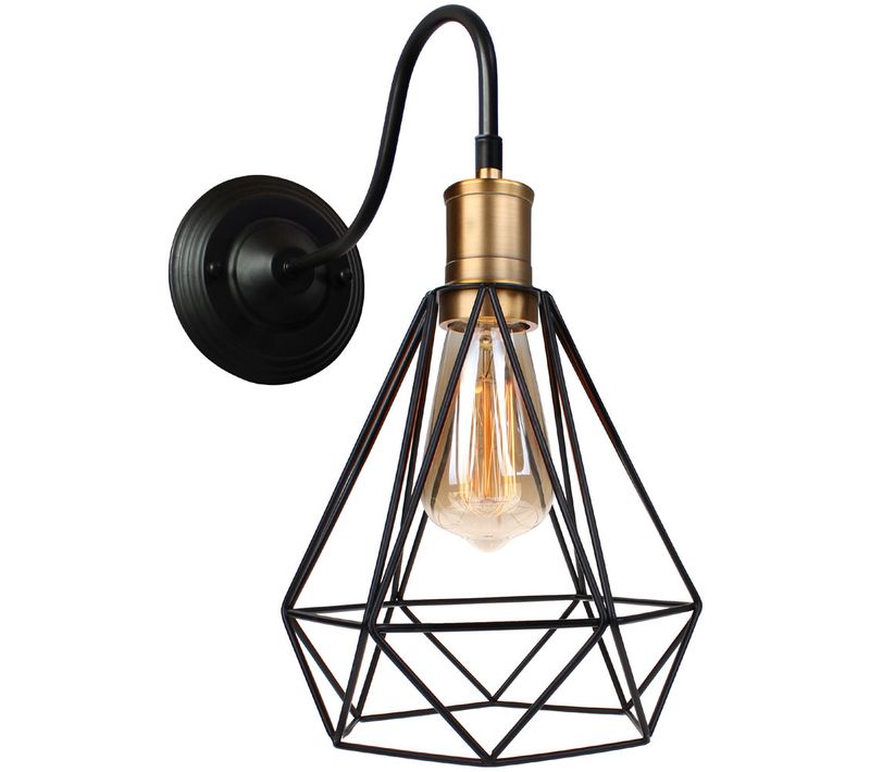 Appliques Murales Cage Diamant 20cm E27 Lustre Abat-jour Luminaire Rétro Vintage Métal Fer Noir