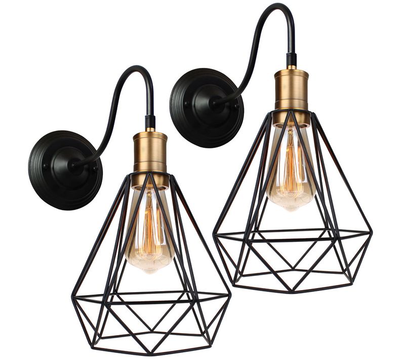 Appliques Murales Cage Diamant 20cm E27 Lustre Abat-jour Luminaire Rétro Vintage Métal Fer 2pcs Noir