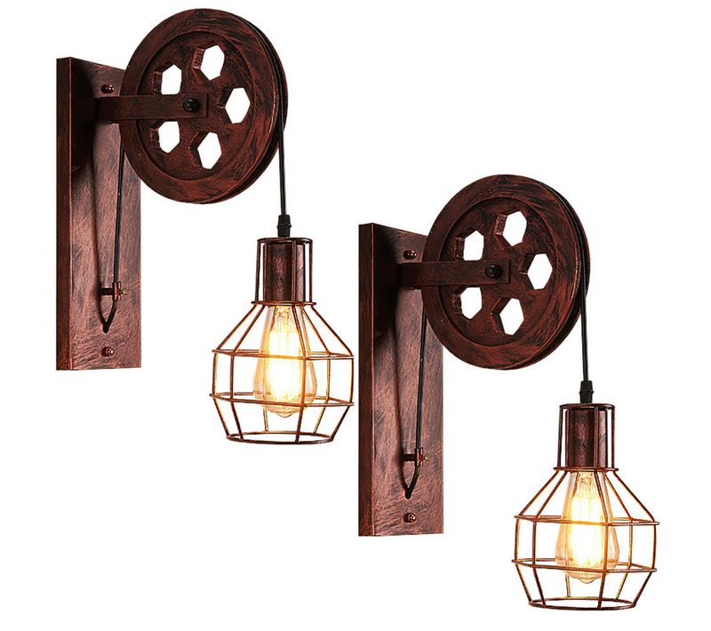 2x Applique Industriel Rétro Lampe De Mur Levage Poulie Lumière Chambre Couloir Café Rouille Rouge