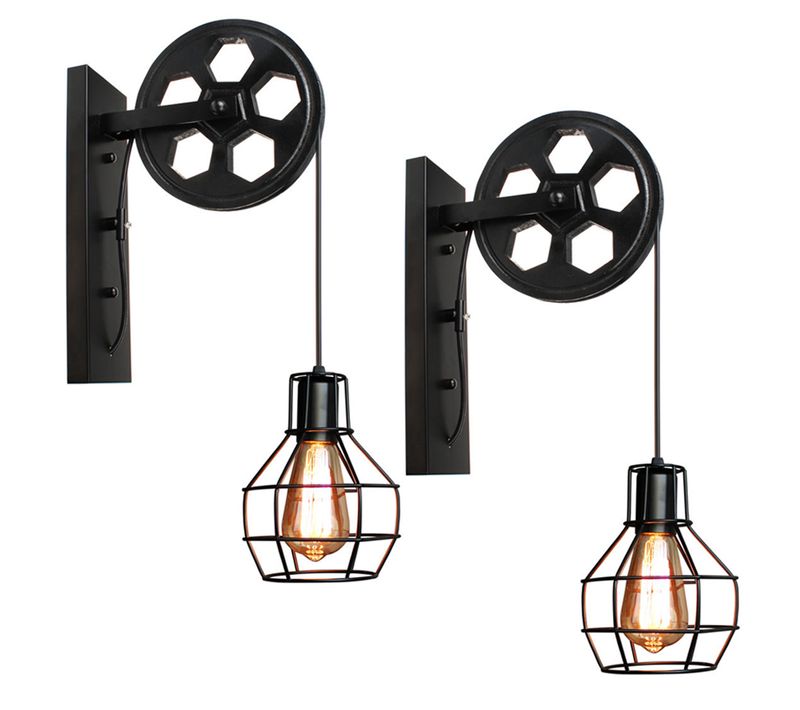 2x Applique Industriel Rétro Lampe De Mur Levage Poulie Lumière Chambre Couloir Café Noir