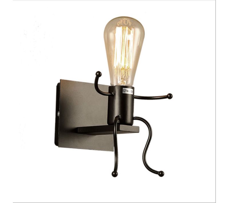 Applique Murale Simple Petit Gens Fer Métal Lampe De Mur Poupée E27 Pour Chambre Cuisine Bar Noir