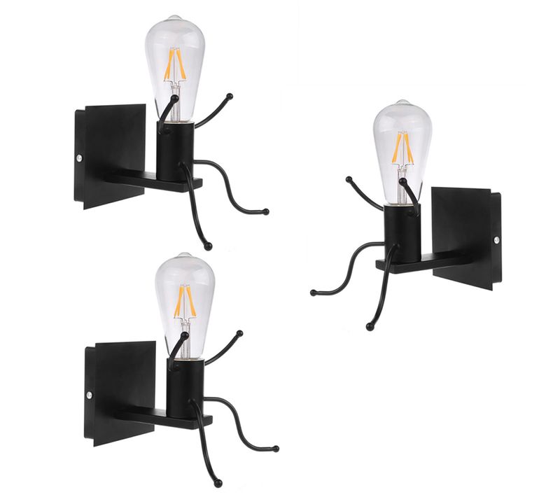3x Applique Murale Simple Petit Gens Fer Métal Lampe De Mur Poupée E27 Pour Chambre Cuisine Bar Noir